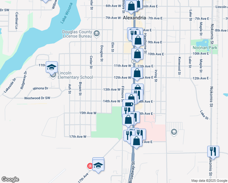 map of restaurants, bars, coffee shops, grocery stores, and more near 210 13th Avenue West in Alexandria
