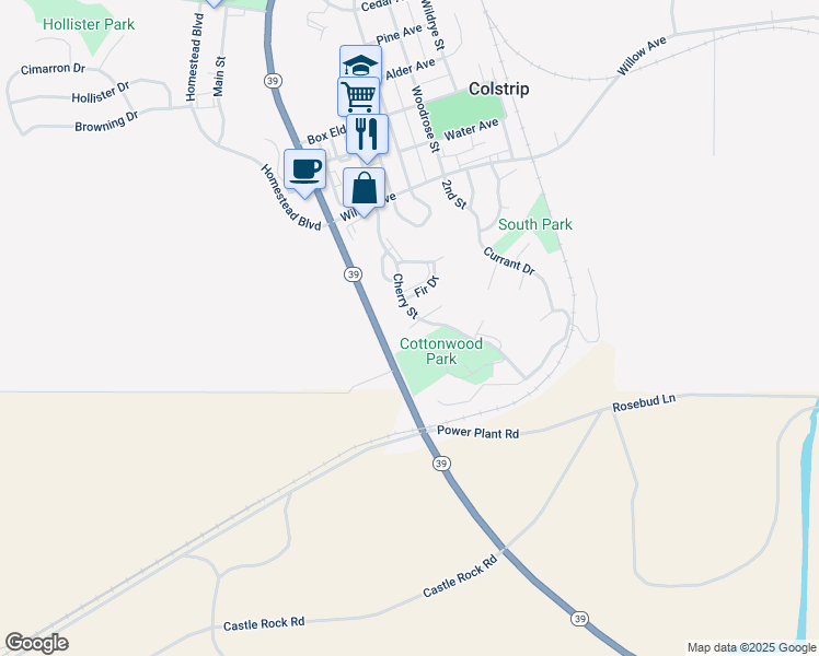 map of restaurants, bars, coffee shops, grocery stores, and more near 21 Hawthorne Court in Colstrip