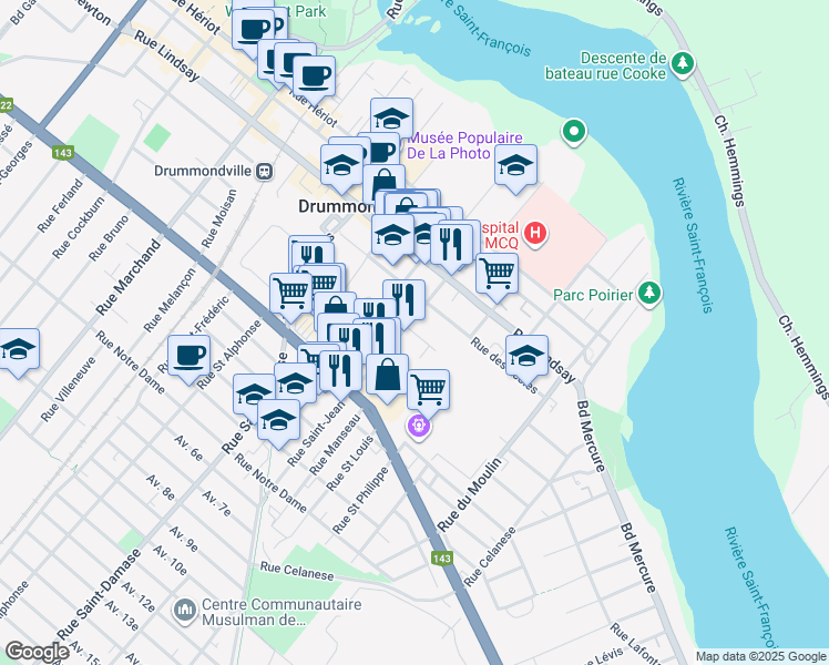 map of restaurants, bars, coffee shops, grocery stores, and more near 501 Rue des Corsetières in Drummondville