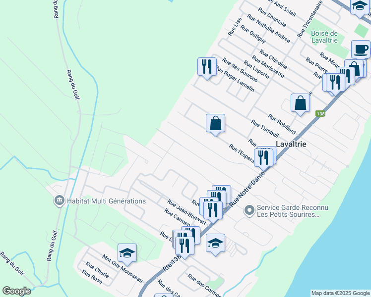 map of restaurants, bars, coffee shops, grocery stores, and more near Rue Poliquin in Lavaltrie