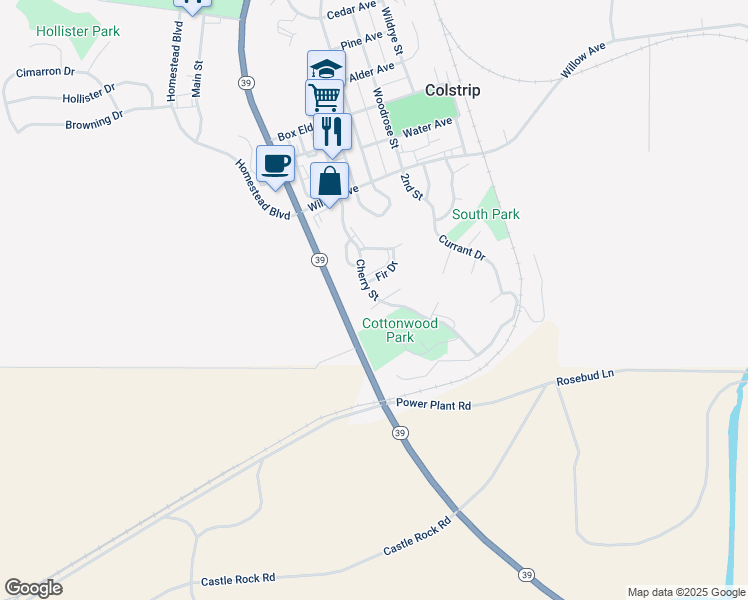 map of restaurants, bars, coffee shops, grocery stores, and more near 21 Hawthorne Court in Colstrip