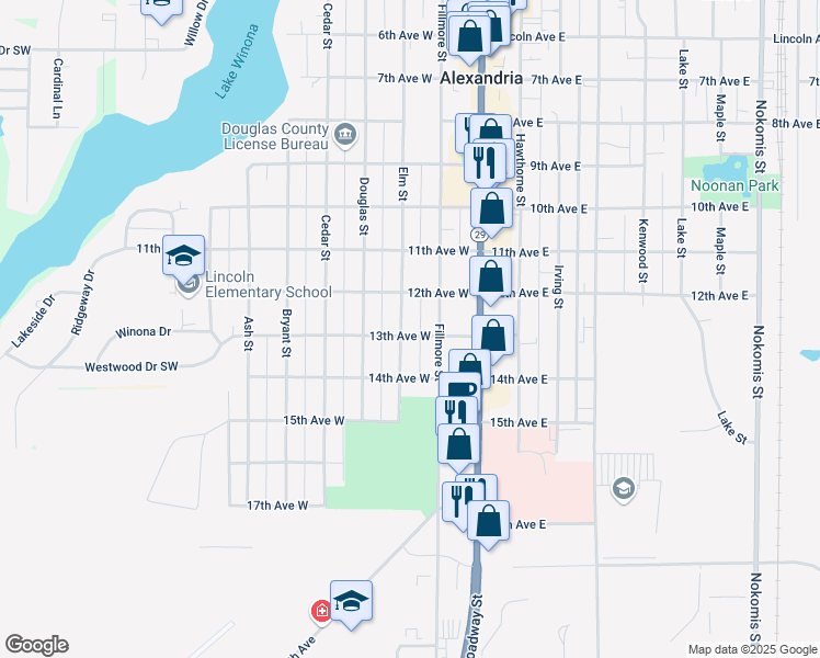 map of restaurants, bars, coffee shops, grocery stores, and more near 210 13th Avenue West in Alexandria