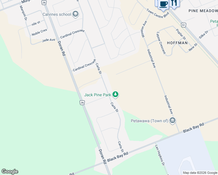 map of restaurants, bars, coffee shops, grocery stores, and more near 280 Carla Street in Petawawa