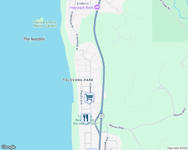 map of restaurants, bars, coffee shops, grocery stores, and more near 131 Nebesna Street in Cannon Beach