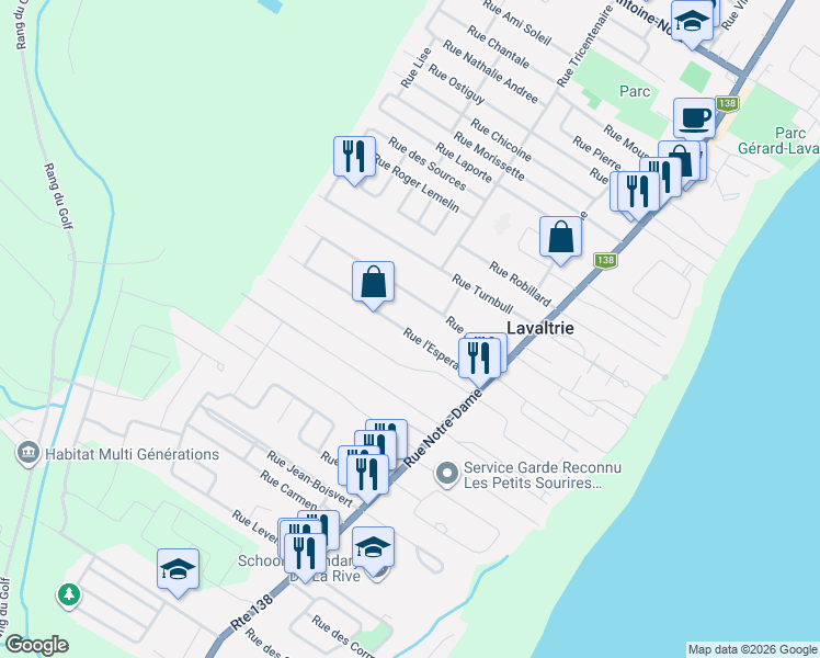 map of restaurants, bars, coffee shops, grocery stores, and more near 140 Rue l'Esperance in Lavaltrie