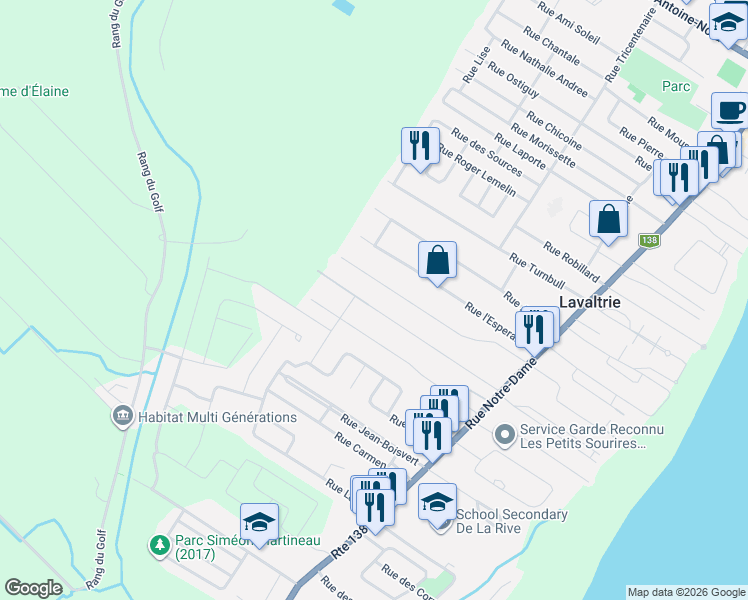 map of restaurants, bars, coffee shops, grocery stores, and more near 260 Rue Poliquin in Lavaltrie
