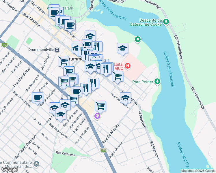 map of restaurants, bars, coffee shops, grocery stores, and more near 516 Rue Lindsay in Drummondville