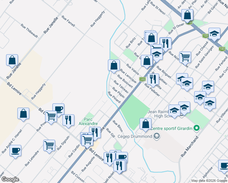 map of restaurants, bars, coffee shops, grocery stores, and more near 69 Rue Pépin in Drummondville