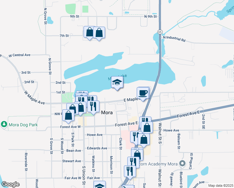 map of restaurants, bars, coffee shops, grocery stores, and more near 400 East Maple Avenue in Mora