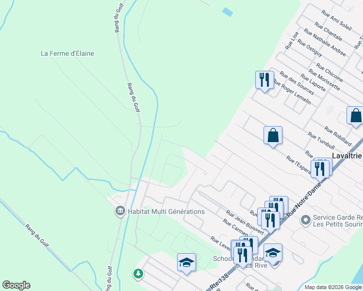 map of restaurants, bars, coffee shops, grocery stores, and more near 220 Rue des Villas in Lavaltrie