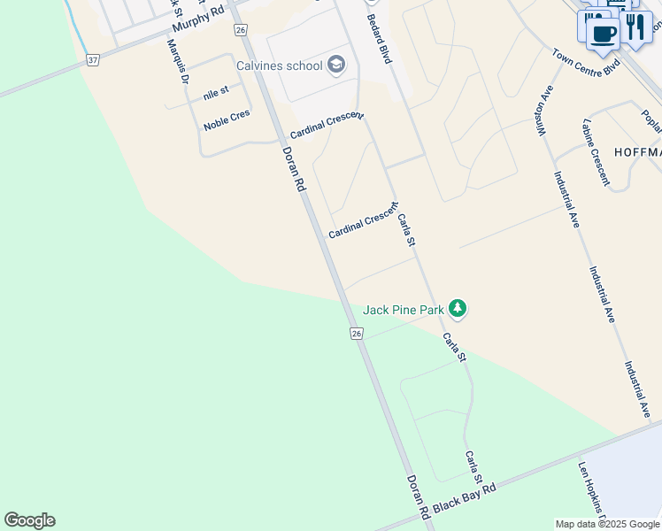 map of restaurants, bars, coffee shops, grocery stores, and more near Doran Road in Petawawa