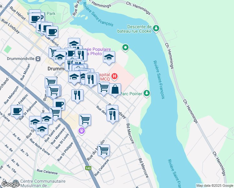 map of restaurants, bars, coffee shops, grocery stores, and more near 581 Rue Hériot in Drummondville
