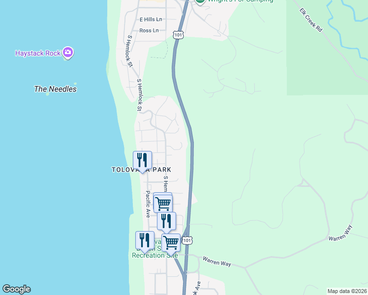 map of restaurants, bars, coffee shops, grocery stores, and more near 171 Amber Lane in Cannon Beach