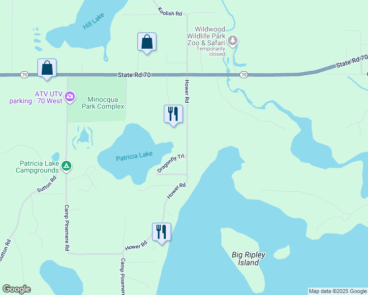 map of restaurants, bars, coffee shops, grocery stores, and more near 8551 Hower Road in Minocqua