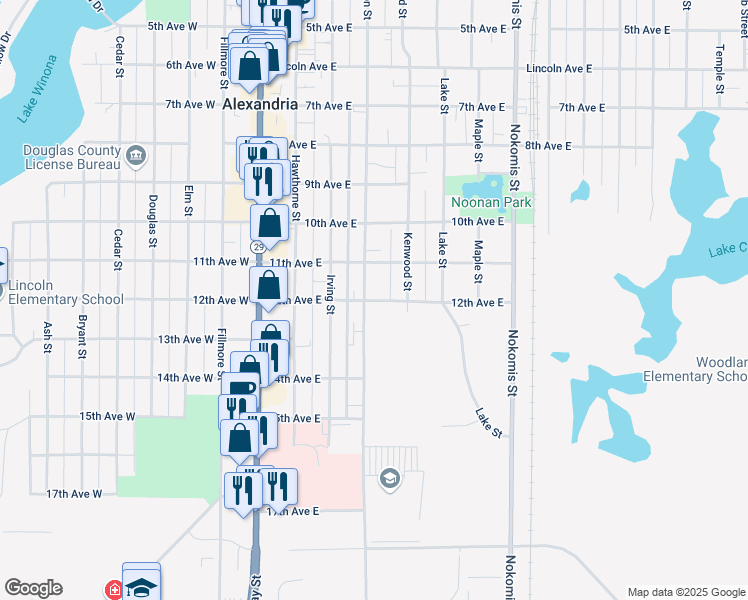 map of restaurants, bars, coffee shops, grocery stores, and more near 423 12th Avenue East in Alexandria