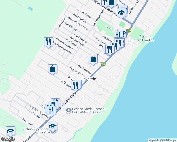 map of restaurants, bars, coffee shops, grocery stores, and more near 30 Rue Robillard in Lavaltrie