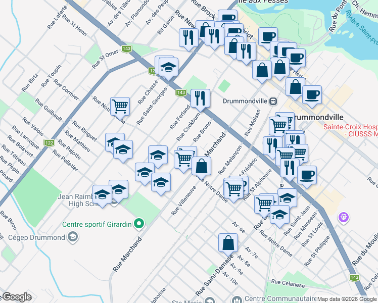 map of restaurants, bars, coffee shops, grocery stores, and more near 468 Rue Bruno in Drummondville
