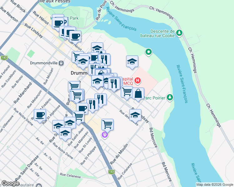 map of restaurants, bars, coffee shops, grocery stores, and more near 516 Rue Lindsay in Drummondville