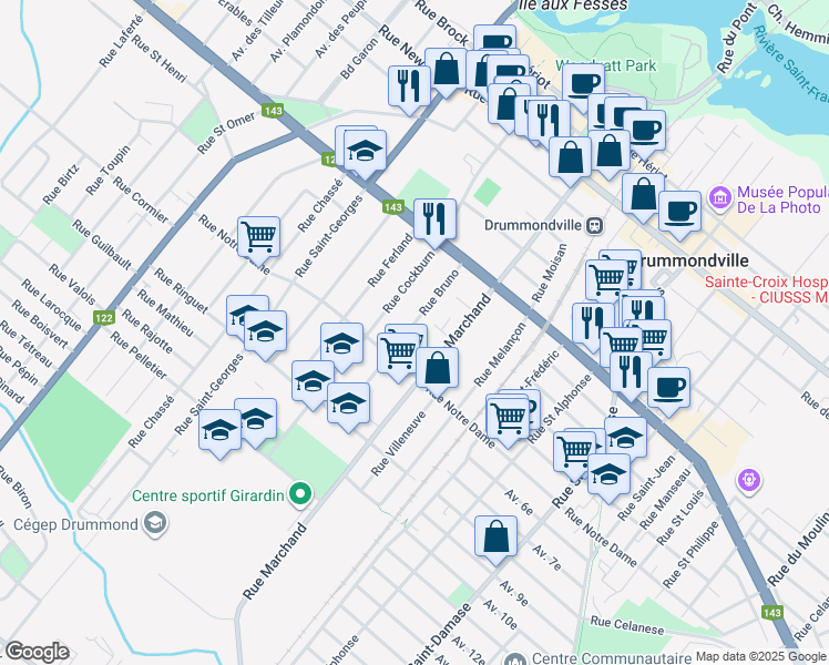 map of restaurants, bars, coffee shops, grocery stores, and more near 462 Rue Bruno in Drummondville