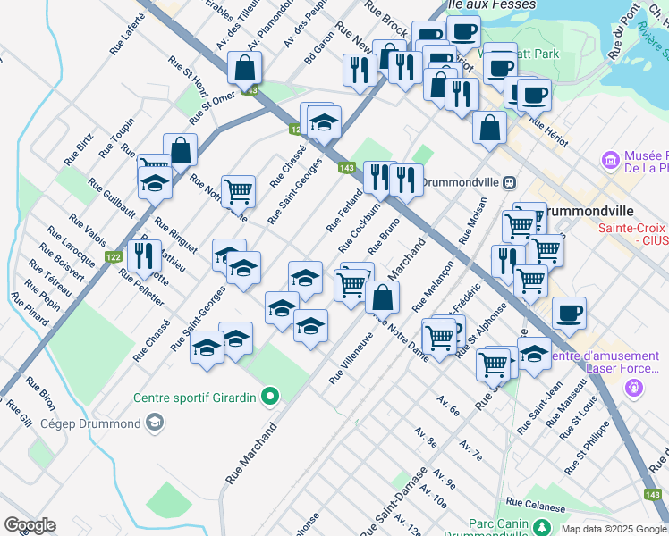 map of restaurants, bars, coffee shops, grocery stores, and more near 522 Rue Cockburn in Drummondville