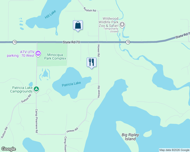 map of restaurants, bars, coffee shops, grocery stores, and more near 8551 Hower Road in Minocqua