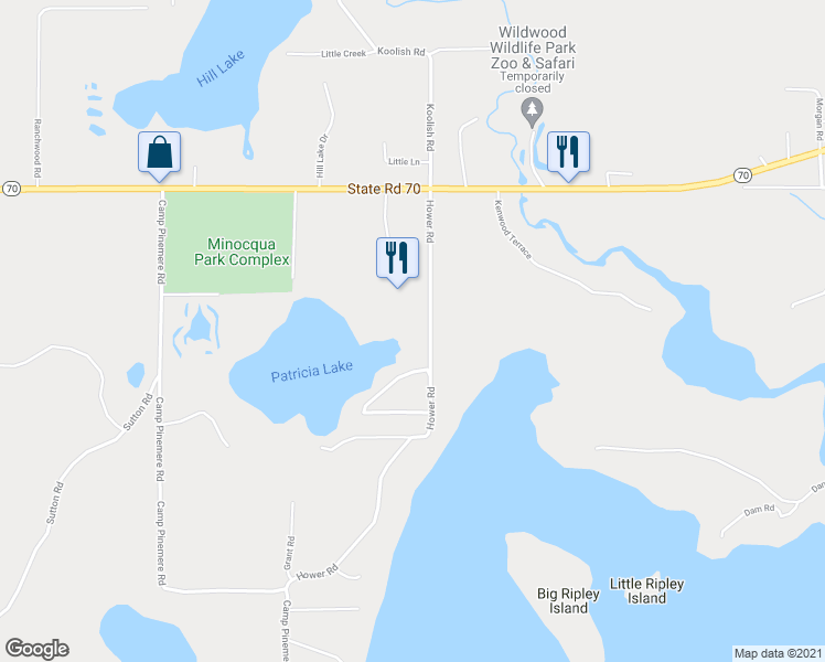 map of restaurants, bars, coffee shops, grocery stores, and more near 8551 Hower Road in Minocqua