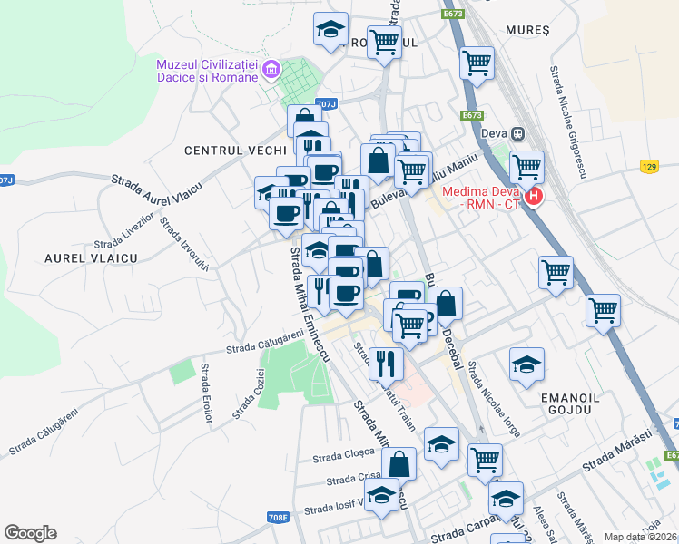 map of restaurants, bars, coffee shops, grocery stores, and more near Bulevardul 1 Decembrie 1918 in Deva