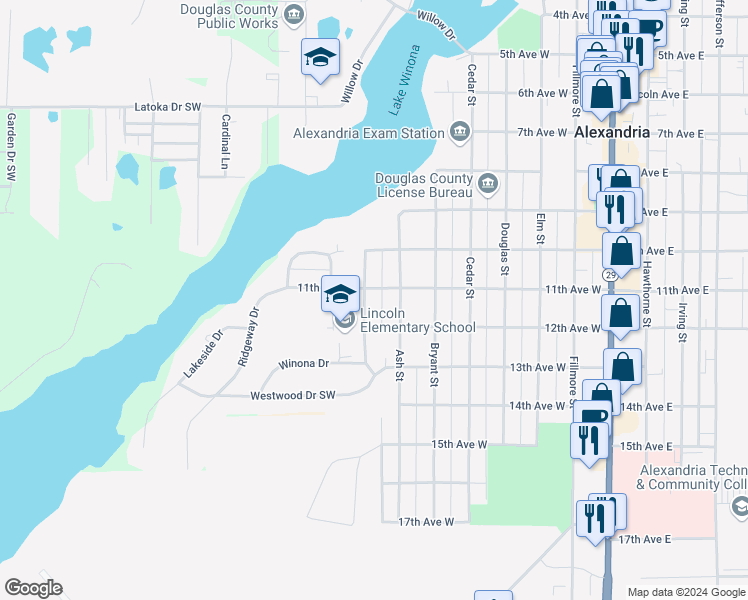 map of restaurants, bars, coffee shops, grocery stores, and more near 1020 Ash Street in Alexandria