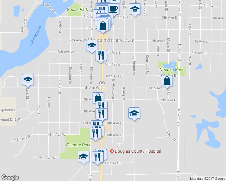 map of restaurants, bars, coffee shops, grocery stores, and more near 1121 Hawthorne Street in Alexandria