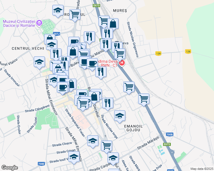 map of restaurants, bars, coffee shops, grocery stores, and more near Strada Ion Luca Caragiale in Deva