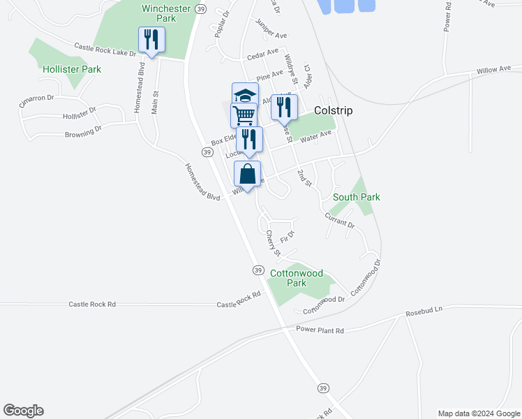 map of restaurants, bars, coffee shops, grocery stores, and more near 28 Larkspur Drive in Colstrip
