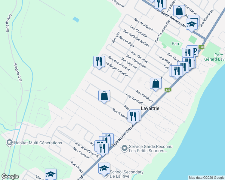 map of restaurants, bars, coffee shops, grocery stores, and more near 255 Rue Turnbull in Lavaltrie