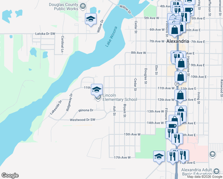 map of restaurants, bars, coffee shops, grocery stores, and more near 1015 Ash Street in Alexandria