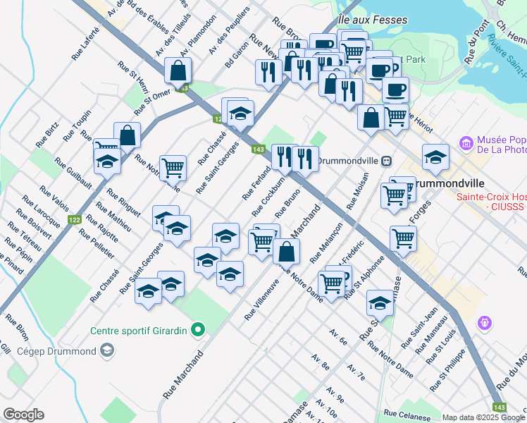 map of restaurants, bars, coffee shops, grocery stores, and more near 486 Rue Cockburn in Drummondville