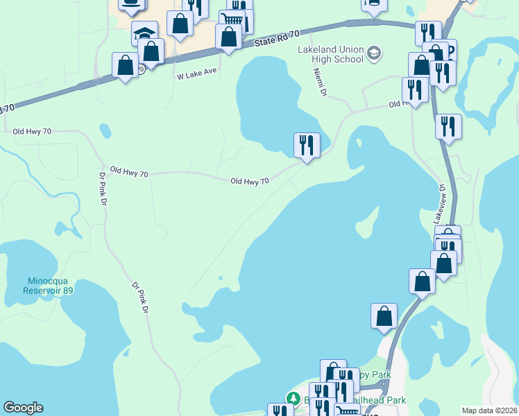 map of restaurants, bars, coffee shops, grocery stores, and more near 8598 Lambert Road in Minocqua