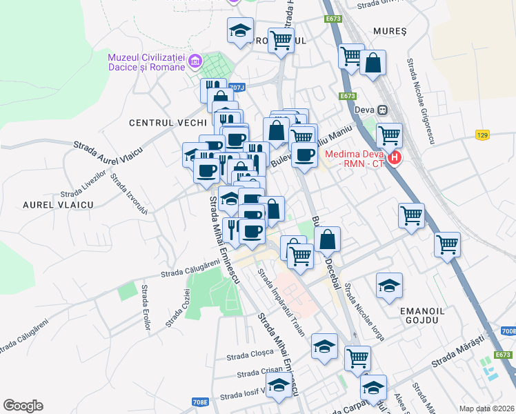 map of restaurants, bars, coffee shops, grocery stores, and more near 18 Bulevardul 1 Decembrie 1918 in Deva