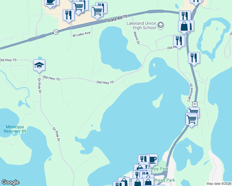 map of restaurants, bars, coffee shops, grocery stores, and more near 8598 Lambert Road in Minocqua