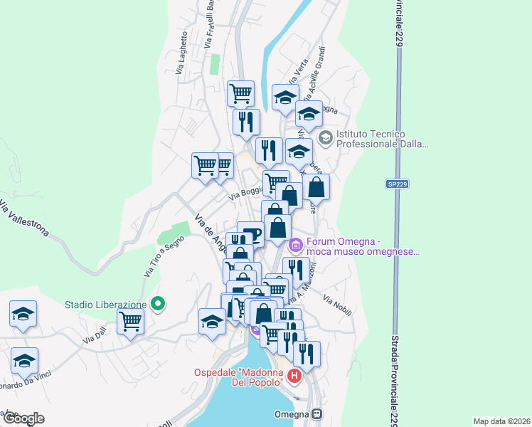 map of restaurants, bars, coffee shops, grocery stores, and more near 16 Via Guglielmo Marconi in Omegna