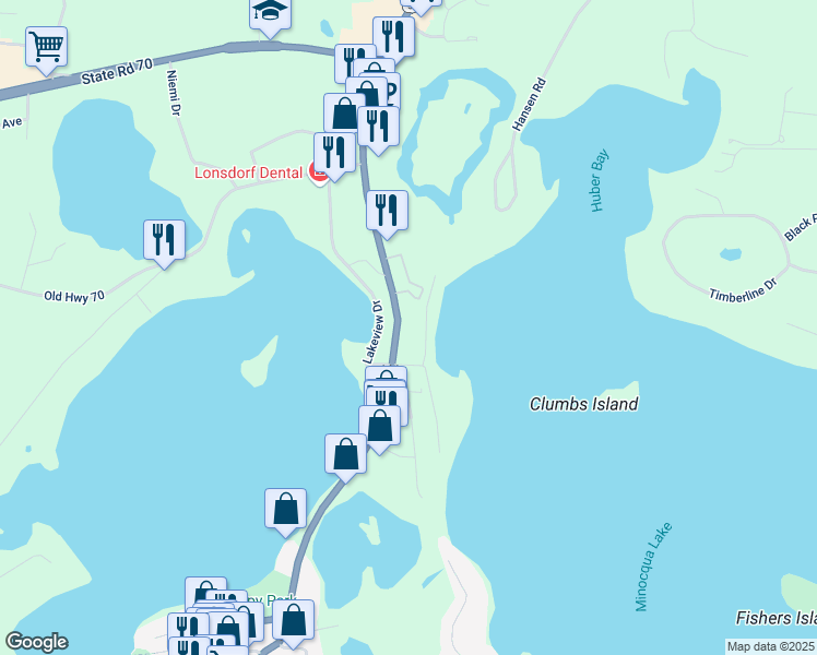 map of restaurants, bars, coffee shops, grocery stores, and more near 8590 U.S. 51 in Minocqua
