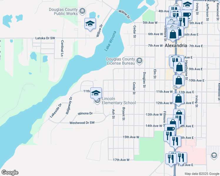 map of restaurants, bars, coffee shops, grocery stores, and more near 1020 Ash Street in Alexandria