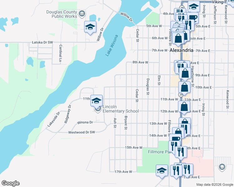 map of restaurants, bars, coffee shops, grocery stores, and more near 1015 Ash Street in Alexandria