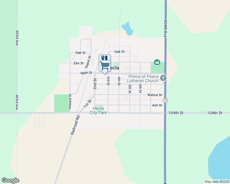 map of restaurants, bars, coffee shops, grocery stores, and more near 308 Walnut Street in Hecla