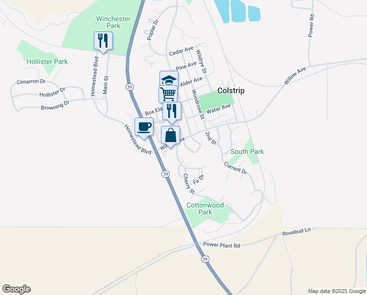 map of restaurants, bars, coffee shops, grocery stores, and more near 28 Larkspur Drive in Colstrip