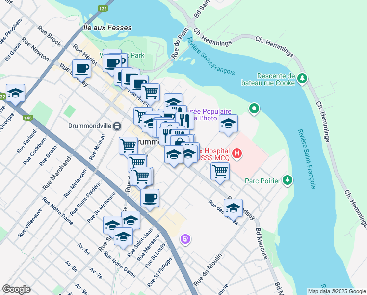 map of restaurants, bars, coffee shops, grocery stores, and more near in Drummondville