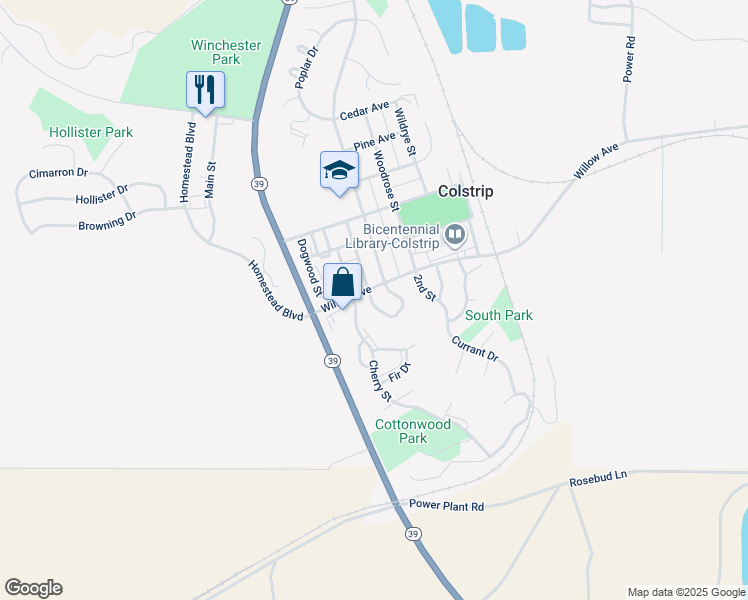 map of restaurants, bars, coffee shops, grocery stores, and more near 28 Larkspur Drive in Colstrip