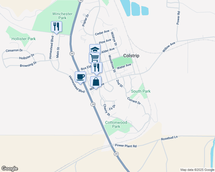 map of restaurants, bars, coffee shops, grocery stores, and more near 28 Larkspur Drive in Colstrip