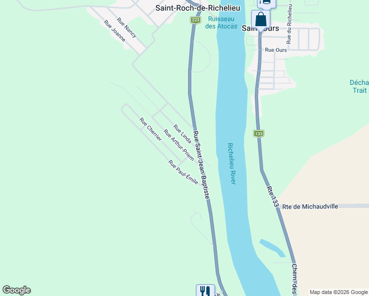 map of restaurants, bars, coffee shops, grocery stores, and more near 390 Rue Arthur-Priem in Saint-Roch-de-Richelieu