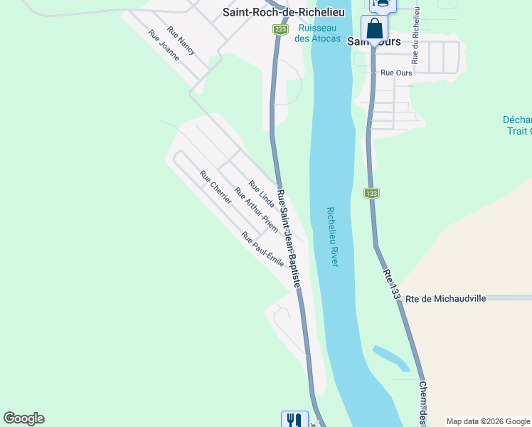 map of restaurants, bars, coffee shops, grocery stores, and more near 390 Rue Arthur-Priem in Saint-Roch-de-Richelieu