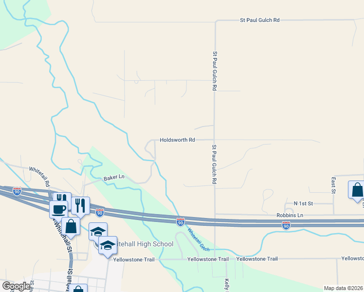 map of restaurants, bars, coffee shops, grocery stores, and more near 39 Saint Paul Gulch Road in Whitehall