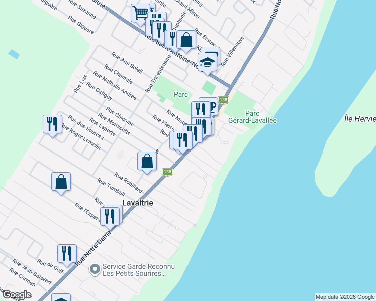 map of restaurants, bars, coffee shops, grocery stores, and more near 1145 Rue Notre Dame in Lavaltrie